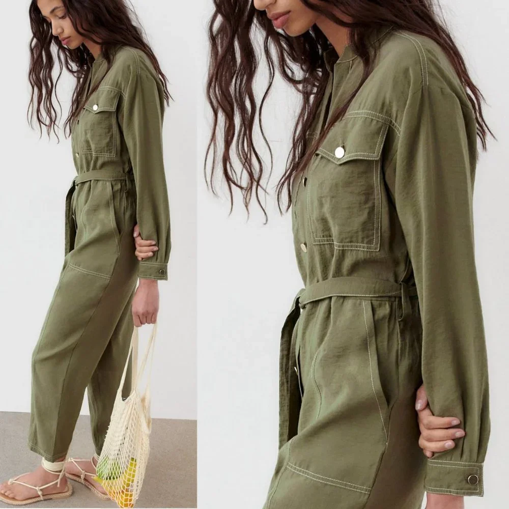 NEW Zara Olive Green Modal Long Sleeves Contrasting Topstitch Belted Jumpsuit S - Picture 4 of 9
